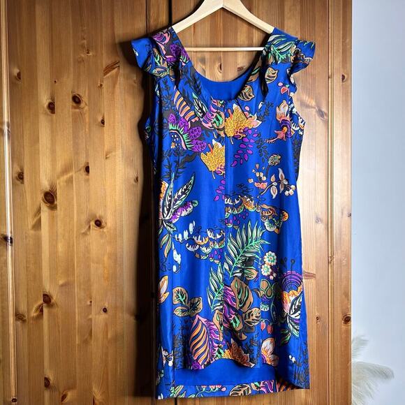 J. Crew Silk Ruffle Tropical Print Dress Women’s 12 Blue Knee Length Resortwear - Picture 5 of 10